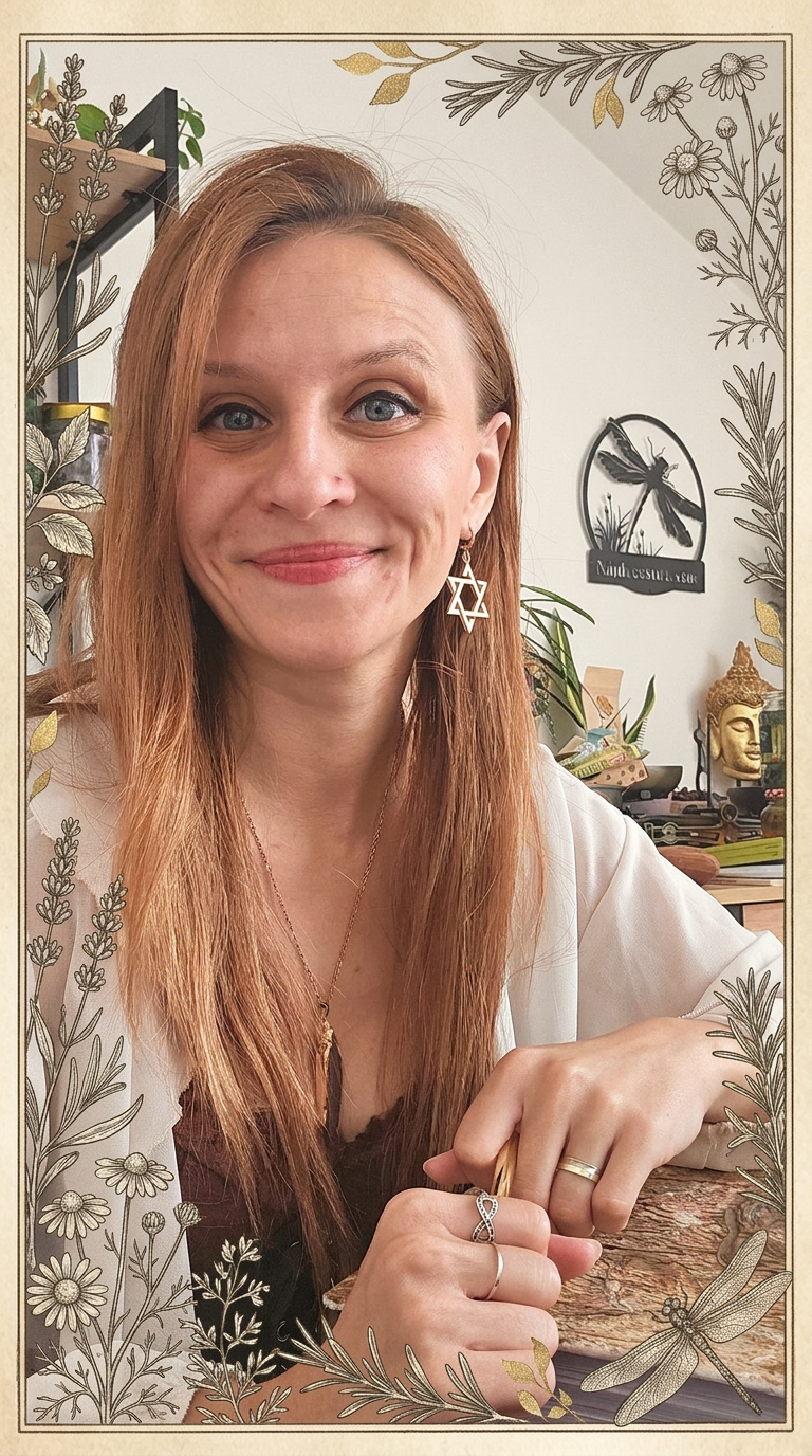 Monika, bylinkárka a sprievodkyňa Maticou osudu, v starožitnom bylinkárskom ráme s vážkou
